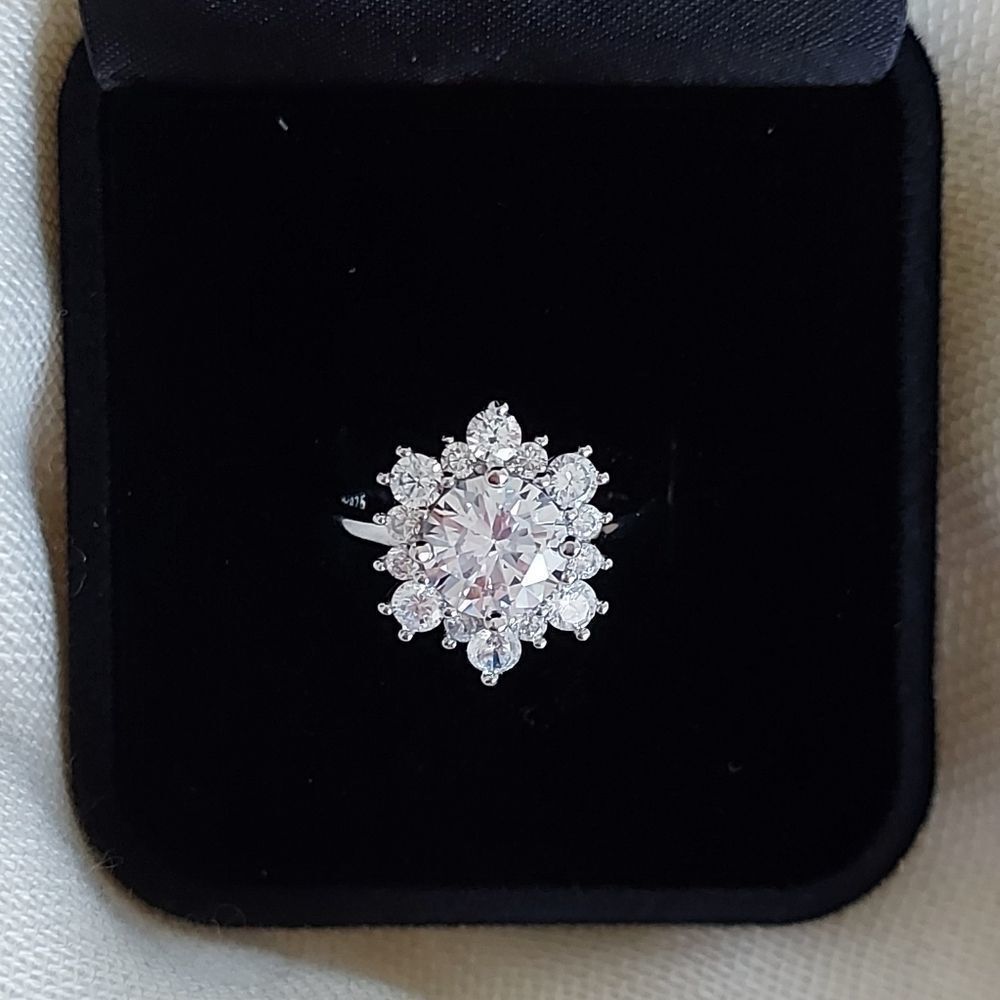 18K White Gold-Plated Simulated Diamond 925 Sterling Silver Engagement Ring